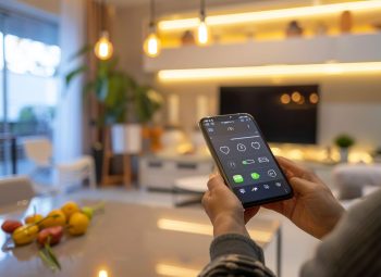 smart home controlled system with phone Internet of Things smart house background